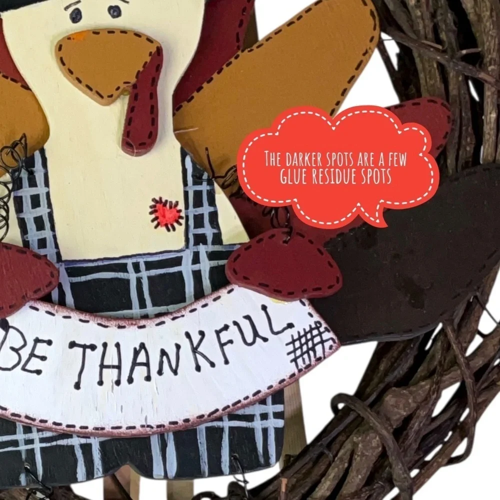 Hand Crafted Thanksgiving Turkey Wreath BeThankful Rustic Red Brown Accent 14 In